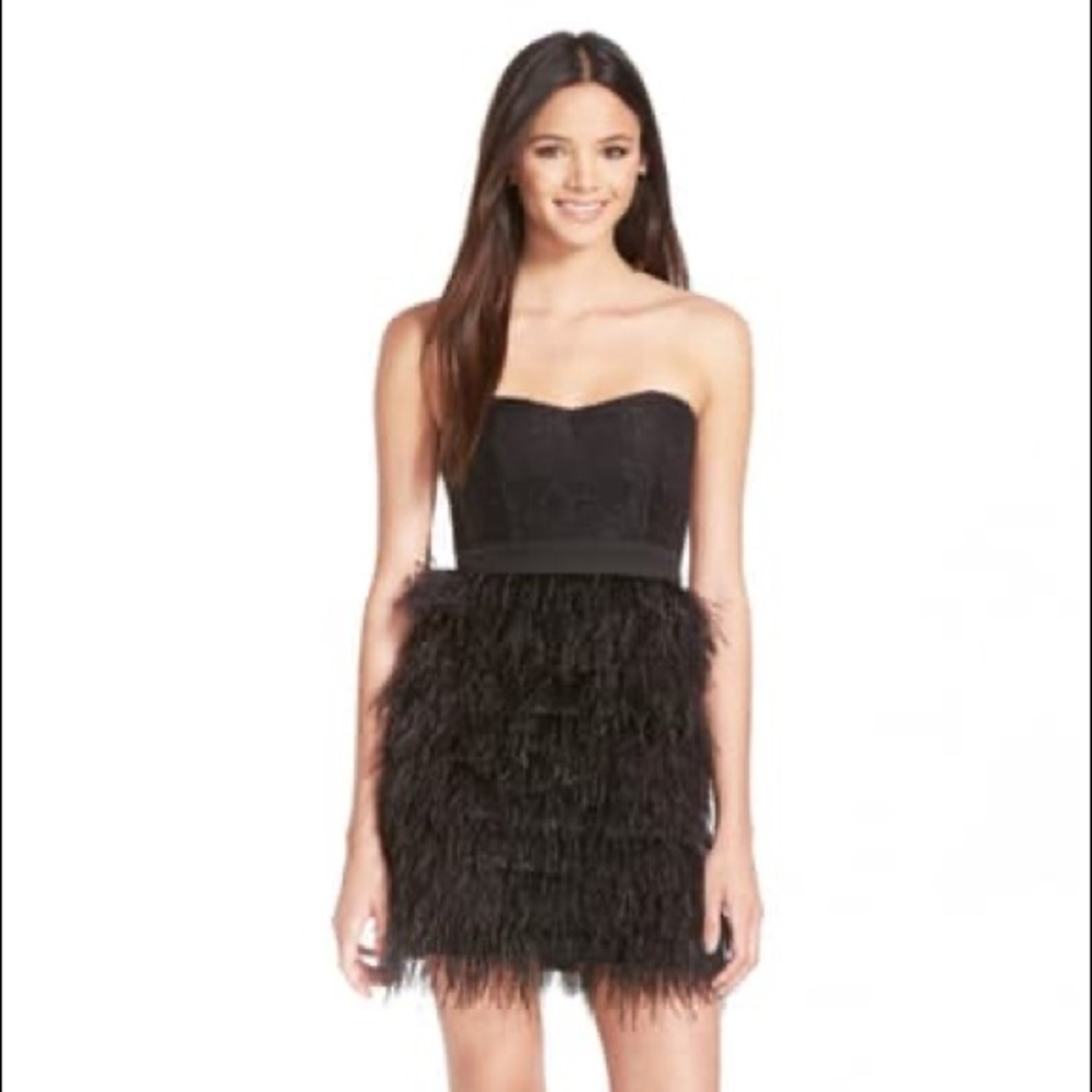A. Drea Faux Feather Strapless Dress with Lace Top